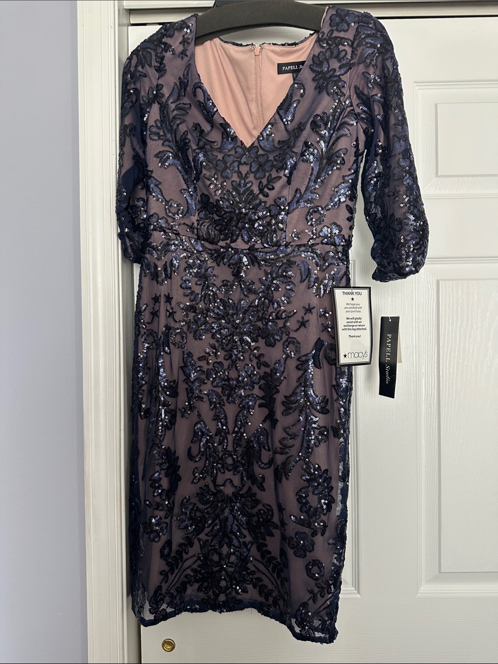 Adrianna Papell Navy Sequin Embroidered Midi Dress